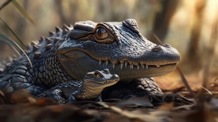 Fototapeta premium alligator mother and baby in nature
