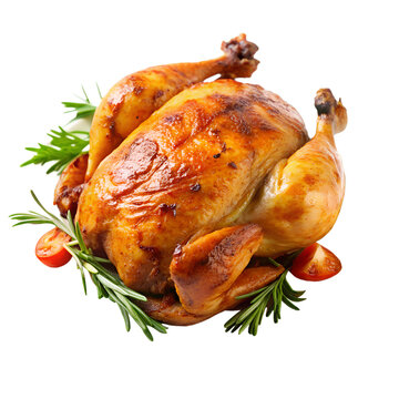 Whole roasted chicken on a plate isolated on a white background
