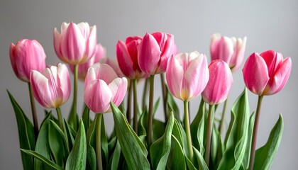 Fototapeta premium Delicate tulip stems, a symphony of pink and green, stand gracefully in isolation, ready for creative integration into product designs and marketing materials The soft composition enhances the