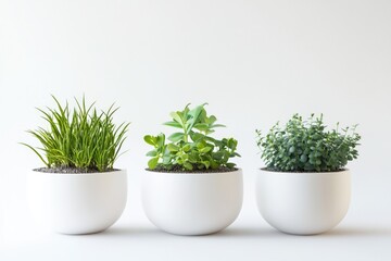 Three ceramic pots filled with greenery on a white background