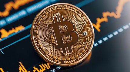 cryptocurrency coin in a glass skyscraper background, person zooming in on a fluctuating graph, calm and efficient mood