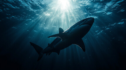 Obraz premium Shadowy silhouette of a giant shark gliding through the deep ocean