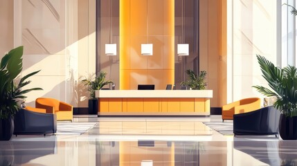 Modern office reception area with stylish furniture and greenery, showcasing a bright and welcoming atmosphere