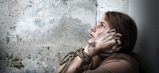 Young adult lone doom mourn grief abduct capture stress lady sit weep cry look God hope help. Hurt...