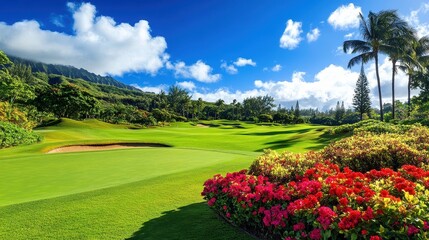 Fototapeta premium lush green golf course in tropical paradise
