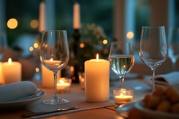 Candlelit romantic dinner setting with wine glasses and soft lights
