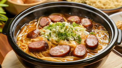 Close-up of the delicious sausage and scallion casserole noodles