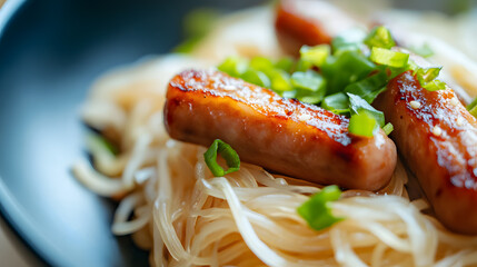 Close-up food photo of rice noodles with sausage and scallions