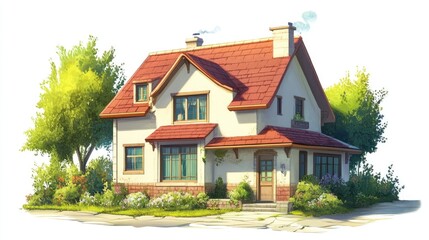 Charming suburban house surrounded by lush greenery and colorful flowers, with a clear blue sky above