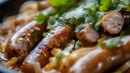 Close-up photo of delicious pan-fried sausages with cilantro