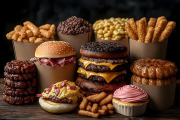 Assortment Of Fast Food Items On Wooden Surface