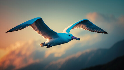 A breathtaking albatross soaring above the clouds, its wings cutting through the cool mountain air as the sun sets on the horizon