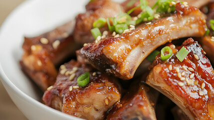 A picture of braised pork ribs garnished with sesame seeds and scallions
