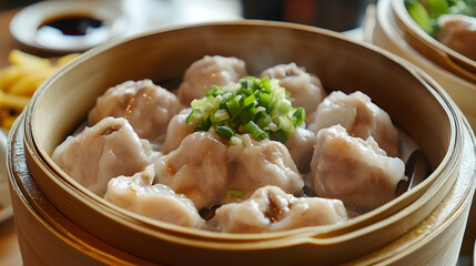 Delicious shrimp siu mai in a bamboo steamer