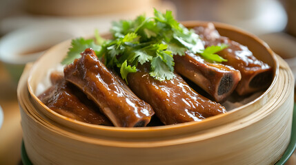 Braised spareribs in a bamboo steamer, a delicious dish