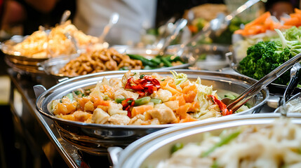 The diverse and elaborate food displays in the buffet restaurant