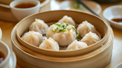 Delicate Chinese steamed dumplings in a bamboo steamer basket.
