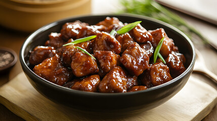 Photograph of delicious brownish-red sweet and sour pork chunks