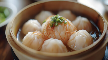 Delicate small steamed buns with shrimp filling in a bamboo steamer