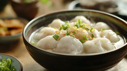 A picture of dumpling soup garnished with fresh and fragrant scallions