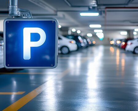 In a modern garage setting, an illuminated LED sign stands out, prominently displaying the letter 'P' for parking, ensuring clarity for drivers The sign cleverly points towards the nearest available