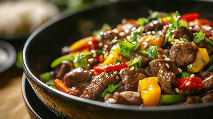 Fototapeta premium Close-up photo of stir-fried beef with colorful peppers delicacy