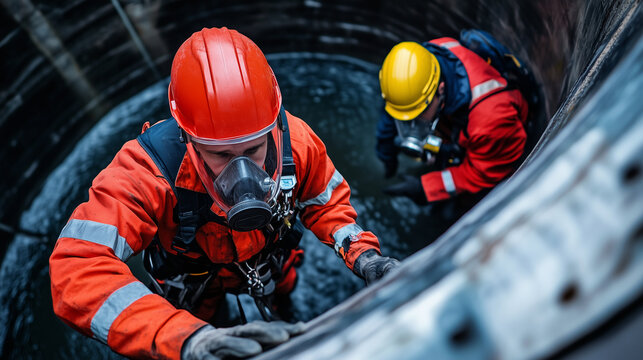 A safety officer performs a confined space inspection, peering into a large industrial tank with breathing apparatus and full protective gear, while a colleague monitors from above
