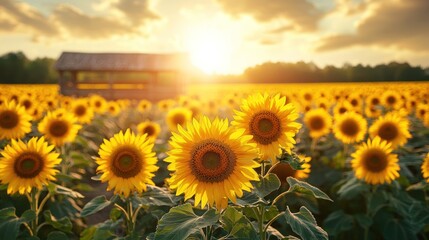 Obraz premium Sunlit Sunflower Field Sunset Landscape (1)