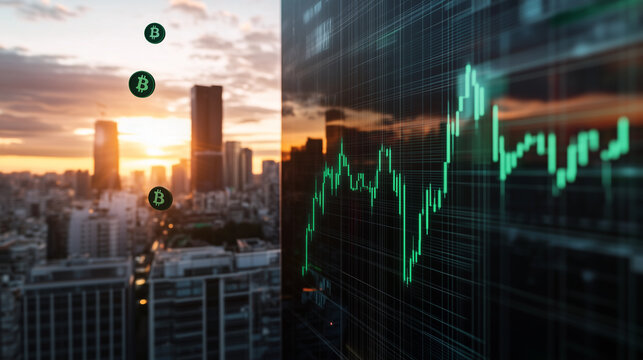 A 3D financial chart floating above a city skyline at sunset, the upward trend highlighted with glowing green lines, Bitcoin and blockchain icons drifting across the scene