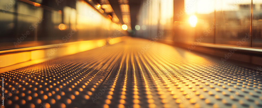 Aufkleber Close-up of textured metal surface, illuminated by warm sunset light, creating a pathway effect, showcasing a sense of journey and transition