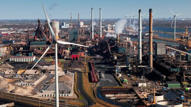 Steel production site in IJmuiden, Netherlands, featuring smokestacks, raw materials, and wind turbines. The aerial perspective highlights the tension between heavy industry and renewable energy.