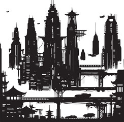 City town silhouette vector illustration featuring detailed buildings and a transparent
