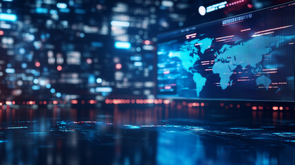 A modern news studio recording a live interview, background softly blurred with world time zones and digital news banners flowing subtly, creating a high-tech global feel