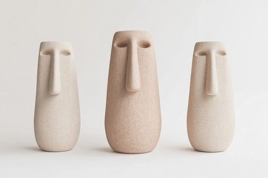 Abstract ceramic figures.  Three stylized, vertically-elongated face-shaped decorative objects in muted beige and light brown tones.  Simple, elegant design
