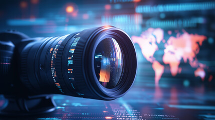 Close-up of a camera lens capturing an emotional interview, the studio background softly blurred with floating data points, world map outlines, and a warm media glow