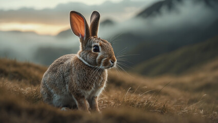Fototapeta premium Brown rabbit in a misty mountain landscape at dawn, capturing tranquility and natural beauty. Perfect for nature, wildlife, and adventure themes