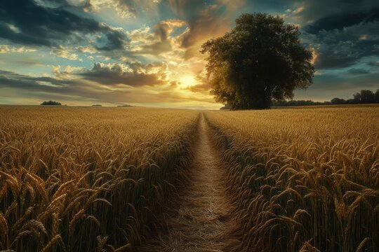 Golden wheat field bathed in warm sunset light with trees in the background - Powered by Adobe
