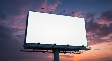 Empty billboard against a colorful sunset sky, perfect for advertising space