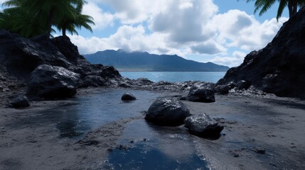 Obraz premium Tropical beach scene with dark volcanic rocks