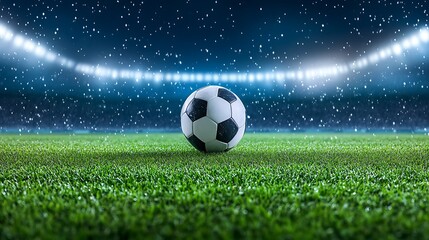 Naklejka premium Soccer Ball on Wet Grass Night Stadium Snowing