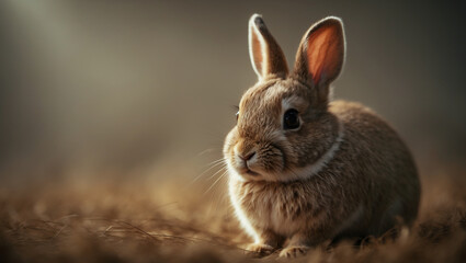 Fototapeta premium Close-up of a brown rabbit with soft fur, sitting calmly in warm natural lighting. Ideal for nature, pet, and wildlife photography