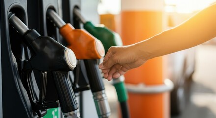 Hand reaching for a fuel nozzle at a gas station during sunset