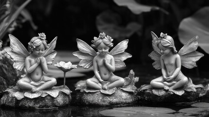 Three small fairy statues sit atop a natural rock formation, perfect for whimsical or mystical themed projects