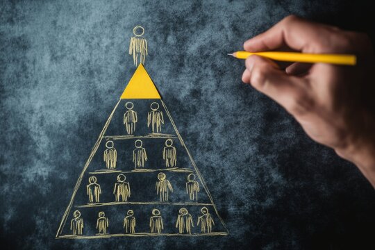 Hand drawing hierarchical pyramid chart on blackboard.