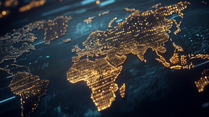 A cinematic financial chart with golden lines climbing steadily, overlaid on a world map with glowing data points representing global business expansion