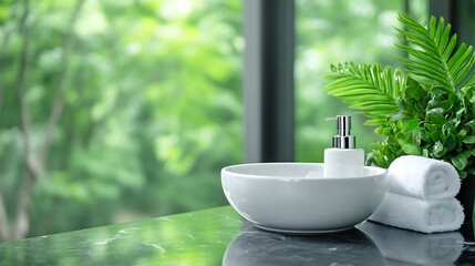 Fototapeta premium Spa Bathroom White Ceramic Sink Soap Dispenser Towels Green Plants