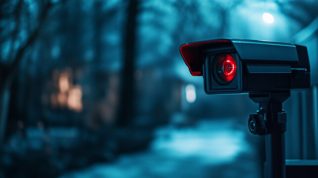 High-resolution night vision camera close-up, infrared LEDs glowing red, dark environment with faint outlines of trees and yard structures blurred in the background