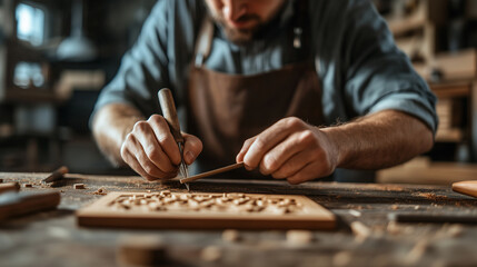 A craftsman carving delicate wooden inlays, surrounded by vintage woodworking tools, soft natural light highlighting the fine grains and textures of the wood