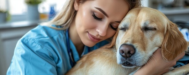 In the sterile embrace of the emergency room, a middle-aged woman veterinarian, clad in comforting blue scrubs, extends her gentle solace to an injured dog resting upon a medical gurney The white and