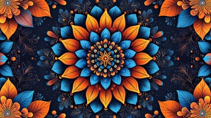 Intricate mandala design with orange and blue floral patterns on a dark background.